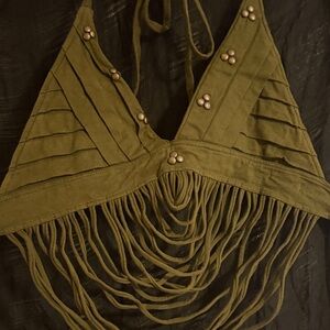 VINTAGE Tribal Bohemian Halter Fringe Studded Embellished Tie Up Bralette Top